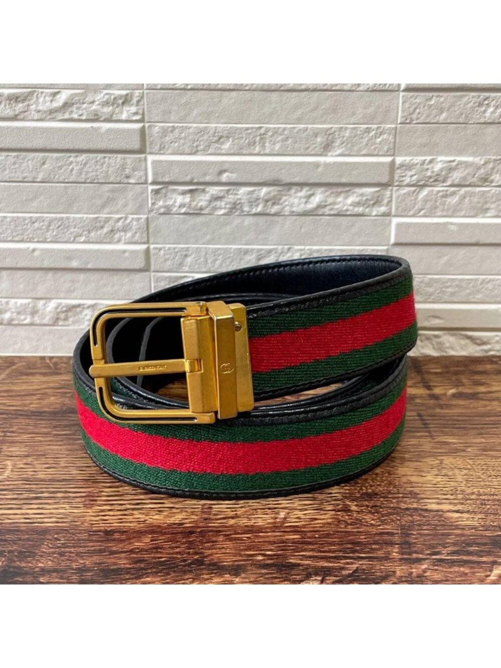 Gucci Sherry Line Canvas Leather Belt Gold Buckle
